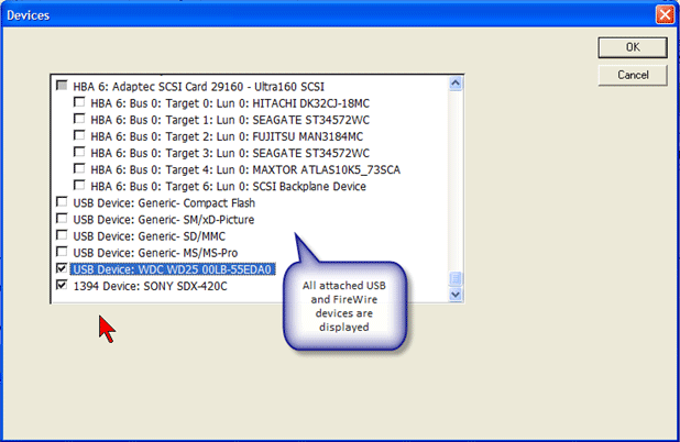 Select USB or 1394 Devices to capture I/O with STB Suite - BAM