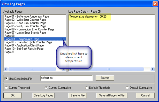 View Log Pages - Temperature Page